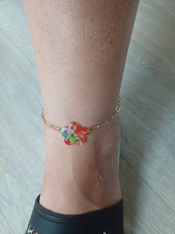 Bracelet de chevilles doré avec fleur rouge multicolore