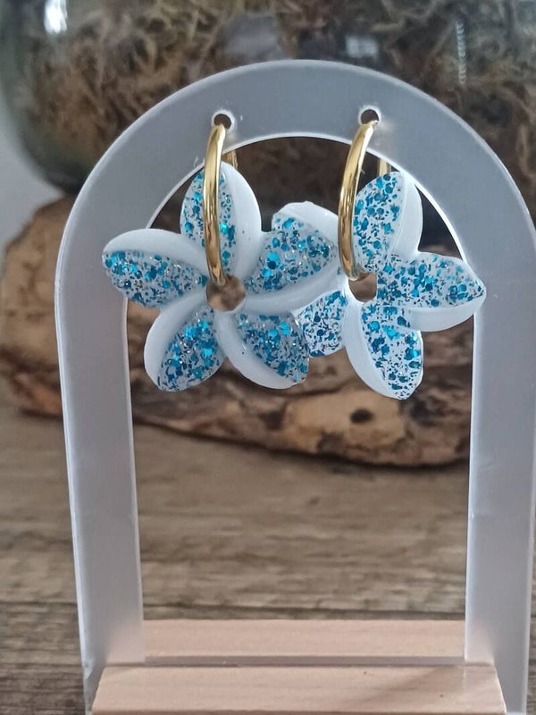 Grandes hibiscus bleues et blanches à paillettes