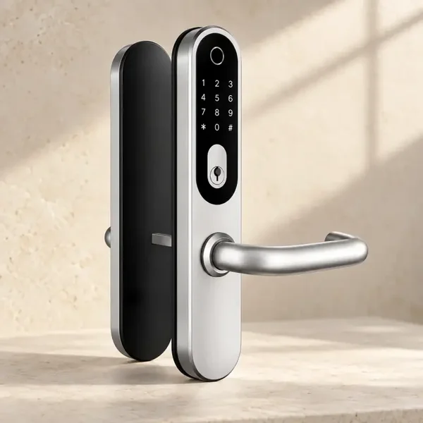 Satin stainless steel digital escutcheon with lever handle