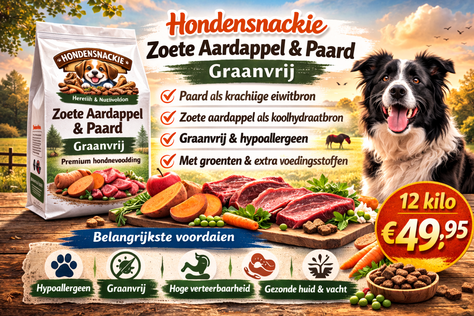 Hondensnackie Zoete Aardappel & Paard Graanvrij 12 kilo