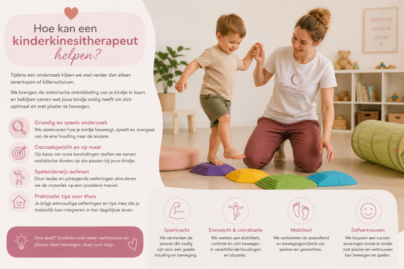 kinderkine pediatrische kinesitherapie billenschuiven tenenlopen ontwikkeling kind