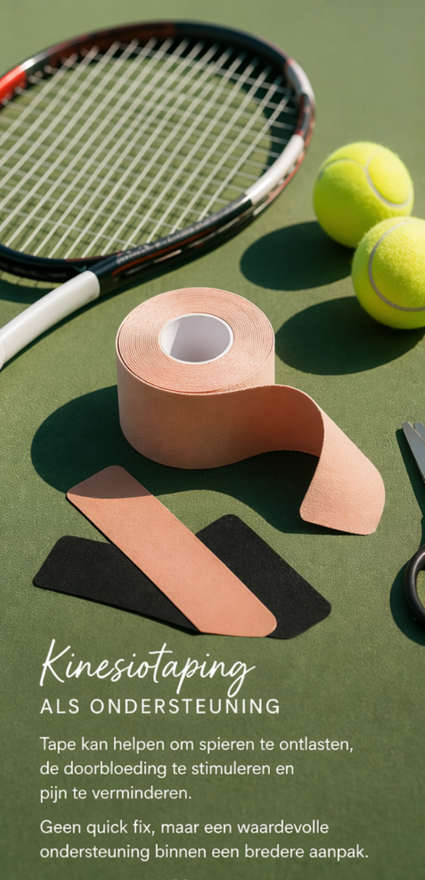 Tennis tenniselleboog polsklachten kinesiotaping kinesitherapie