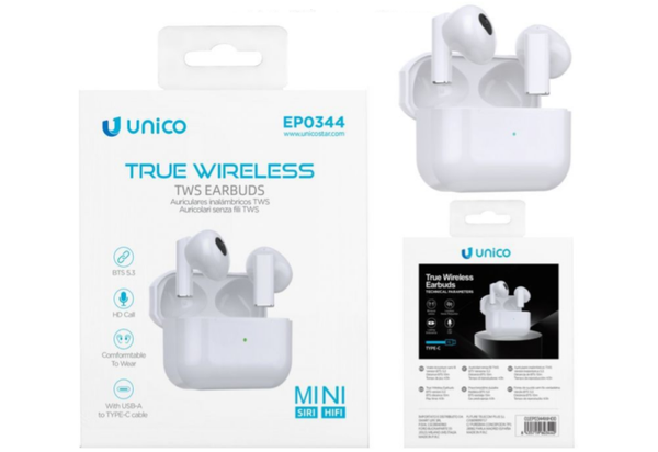 UNICO EP0344 TRUE WIEWLLESS STEREO BLUETOOTH HEADPHONES SEMI-IN-EAR WIHITE ES TO IT