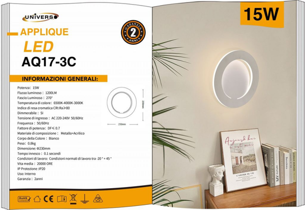 UNIVERSO APPLIQUE DA MURO USO INTERNO AQ17-3C A LED 6500K-4000K-3000K REGOLABILE