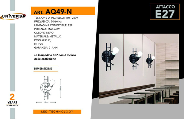 UNIVERSO APPLIQUE DA MURO USO INTERNO AQ49-B A LED E27