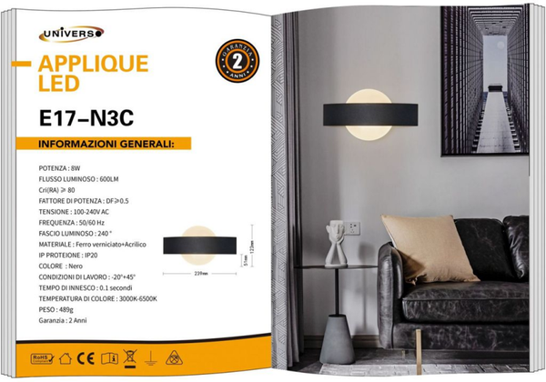 UNIVERSO APPLIQUE DA MURO USO INTERNO E17-B3C A LED 6500K-4000K-3000K REGOLABILE