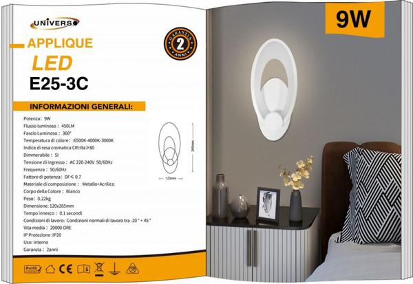 UNIVERSO APPLIQUE DA MURO USO INTERNO E25-3C A LED 6500K-4000K-3000K REGOLABILE