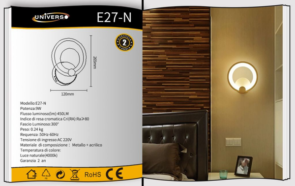 UNIVERSO APPLIQUE DA MURO USO INTERNO E27-N A LED 4000K