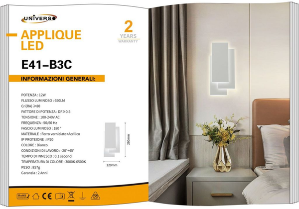 UNIVERSO APPLIQUE DA MURO USO INTERNO E41-B3C A LED 6500K-4000K-3000K REGOLABILE