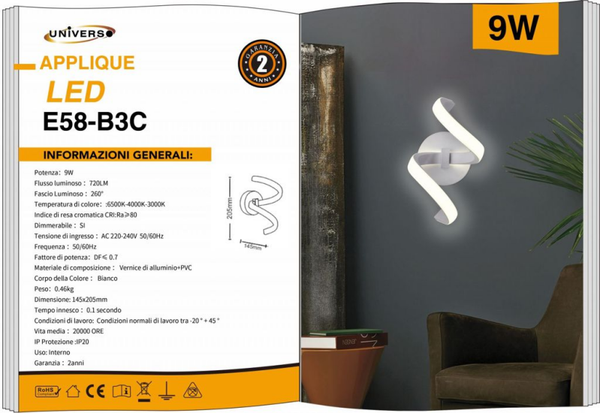 UNIVERSO APPLIQUE DA MURO USO INTERNO E58-A3C A LED 6500K-4000K-3000K REGOLABILE