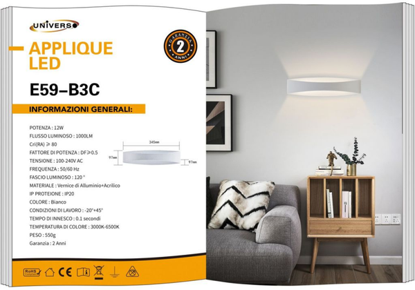 UNIVERSO APPLIQUE DA MURO USO INTERNO E59-B3C A LED 6500K
