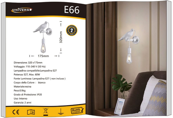 UNIVERSO APPLIQUE DA MURO USO INTERNO E66 LED E27