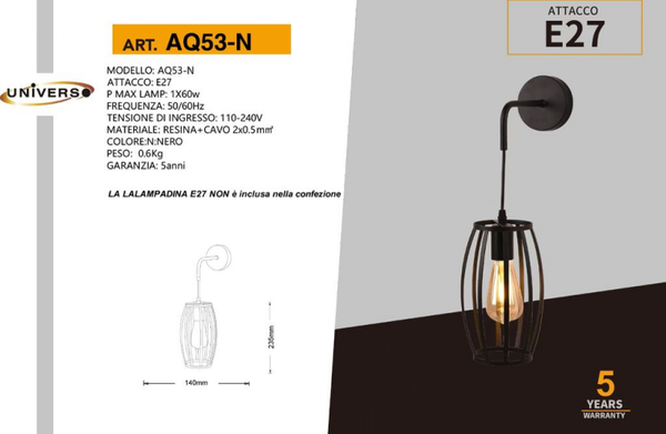 UNIVERSO APPLIQUE DA MURO USO INTERNO AQ53-N LED E27
