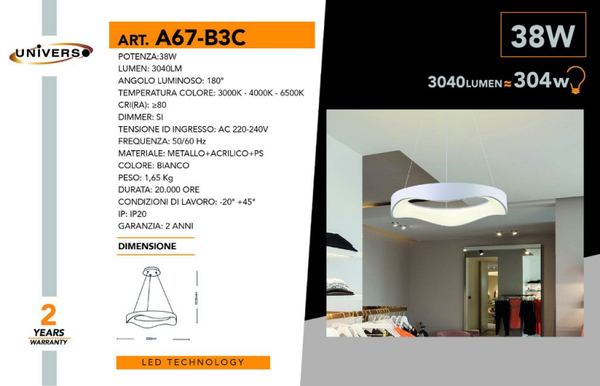 UNIVERSO LAMPADARIO A67-B3C A LED 6500K-4000K-3000K REGOLABILE BIANCO