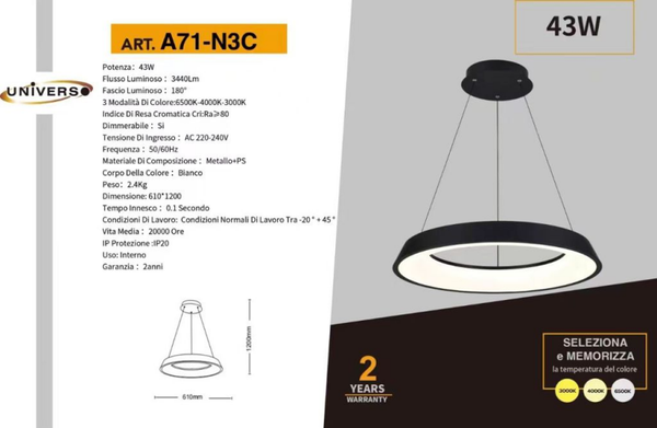 UNIVERSO LAMPADARIO A71-N3C A LED 6500K-4000K-3000K REGOLABILE NERO