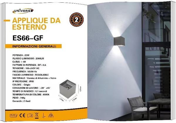 UNIVERSO APPLIQUE DA MURO USO ESTERNO ES66-GC A LED GRIGIO
