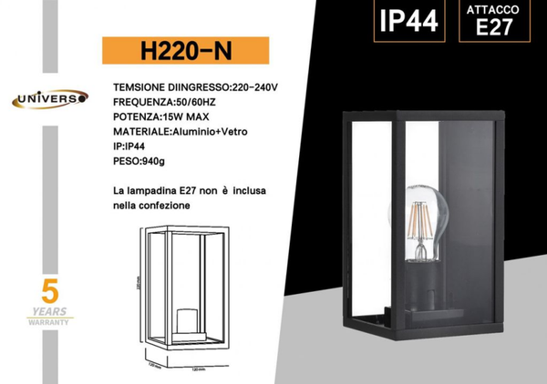 UNIVERSO APPLIQUE DA MURO USO ESTERNO H220-N A LED E27