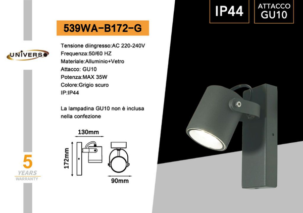 UNIVERSO APPLIQUE DA MURO USO ESTERNO 539WA-B172-G A LED GU10 GRIGIO