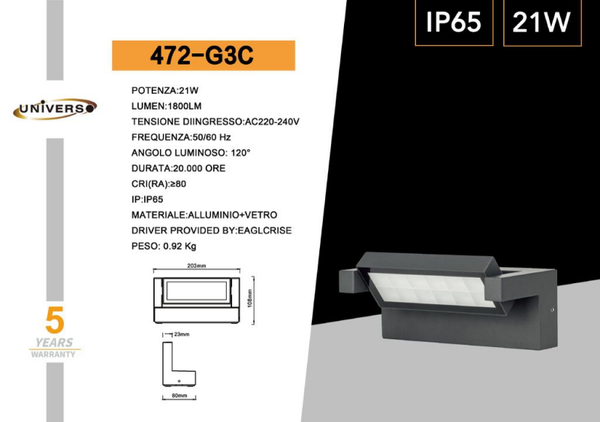 UNIVERSO APPLIQUE DA MURO USO ESTERNO 472-G3C A LED 6500K-4000K-3000K REGOLABILE