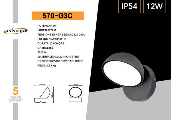 UNIVERSO APPLIQUE DA MURO USO ESTERNO 570-B3C A LED 6500K-4000K-3000K REGOLABILE