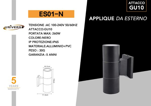 UNIVERSO APPLIQUE DA MURO USO ESTERNO ES01-B A LED GU10