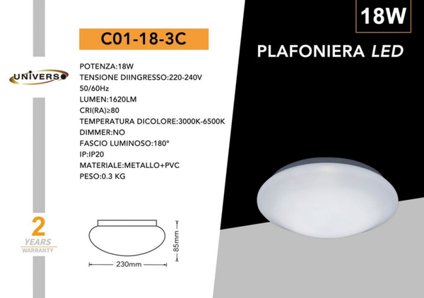 UNIVERSO PLAFONIERA C01-18-3C A LED  6500K-4000K-3000K REGOLABILE