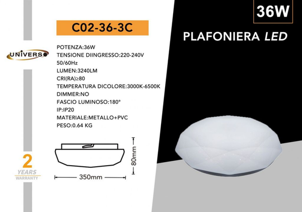 UNIVERSO PLAFONIERA C02-36-3C A LED  6500K-4000K-3000K REGOLABILE