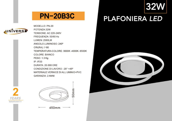 UNIVERSO PLAFONIERA PN-20B3C A LED 6500K-4000K-3000K REGOLABILE