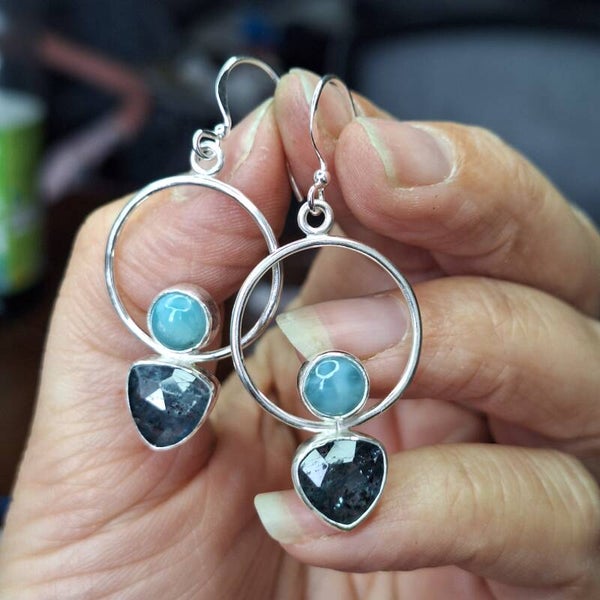 Boucles d'oreilles double - cyanite et larimar