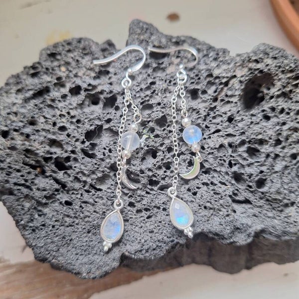 Boucles d'oreilles double chaînettes - lune