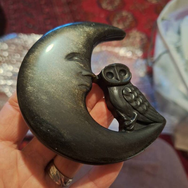 Lune avec hibou en obsidienne dorée ou argentée