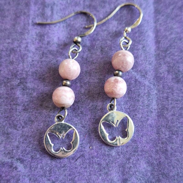 Boucles d'oreilles avec papillon et rhodochrosite