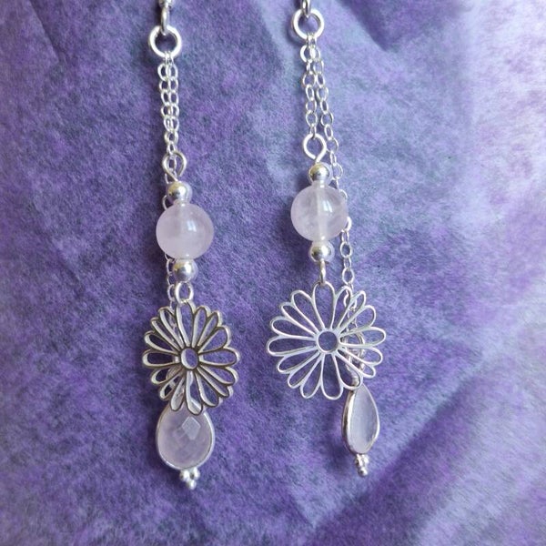 Boucles d'oreilles double chaînettes - quartz rose es