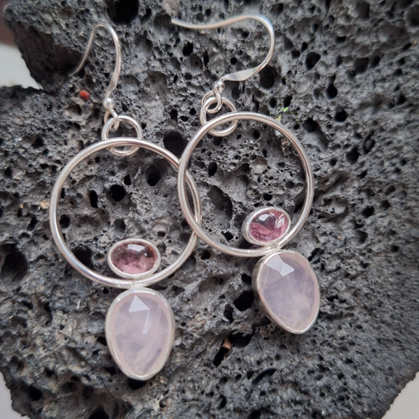 Boucles d'oreilles double - rubellite et quartz rose