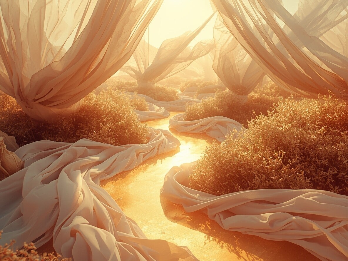 Zachte gouden ochtendzon over een zintuiglijk landschap van zijde en licht, symbool voor de warmte en stroming van een SensueleReis Lomi Lomi massage