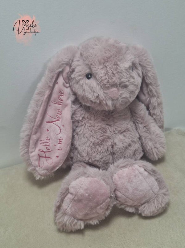 Knuffel konijn bedrukt tekst 1 oor - Zacht roze