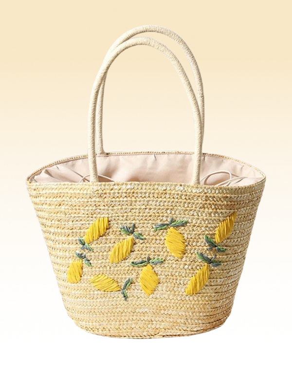 Handgemaakt Geborduurd Riet Tote Bag - Lemon