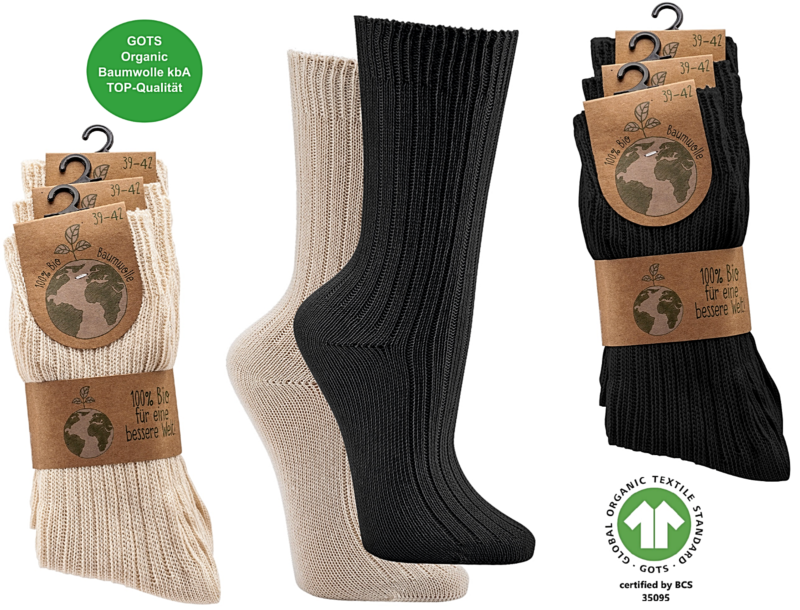 3 I 6 Paar Bio Socken 100% Baumwolle kbA Damen Herren natur und schwarz für Allergiker