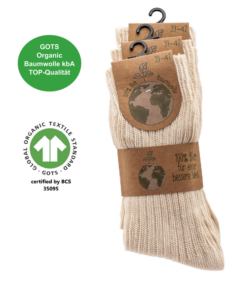Test-Artikel: 3 I 6 Paar Bio Socken 100% Baumwolle kbA Damen Herren in natur für Allergiker