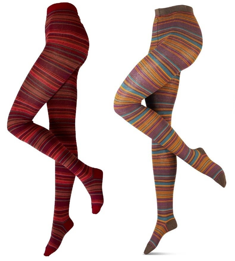 Ringelstrumpfhosen für Damen in rot-bunt, beige-bunt, blau-bunt und olive-bunt