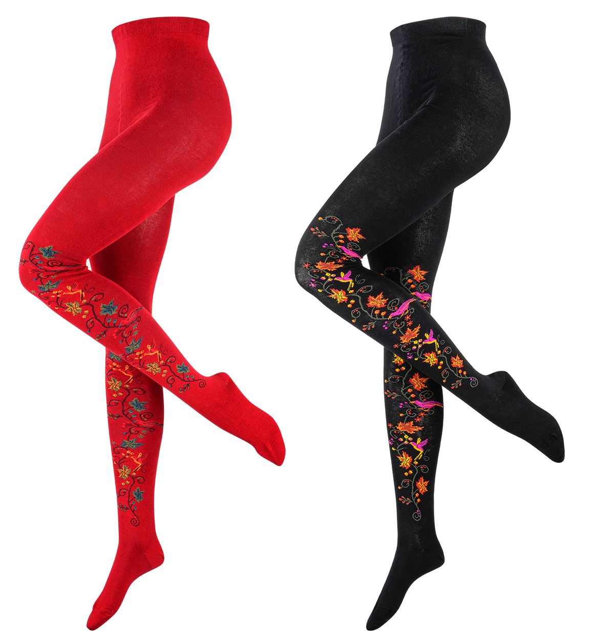 Warme und modische Blumenstrumpfhosen "Paradiesvogel", Winterstrumpfhosen und Baumwoll Strickstrumpfhosen gemustert für Damen und Mädchen