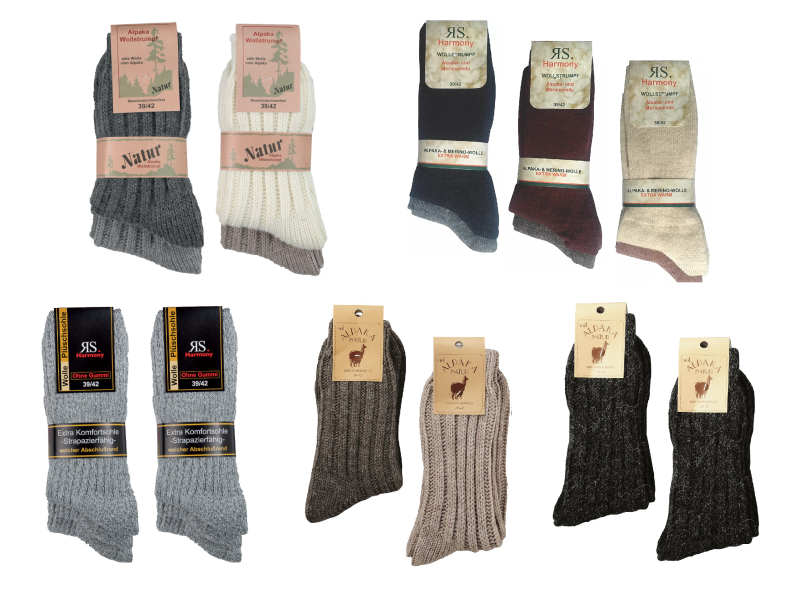 Wollsocken, Alpaka Socken, Merino Socken und Norweger Socken für Damen und Herren in anthrazit, braun, bordo, dunkeljeans, grau, hellgrau, lachs, natur und wollweiß