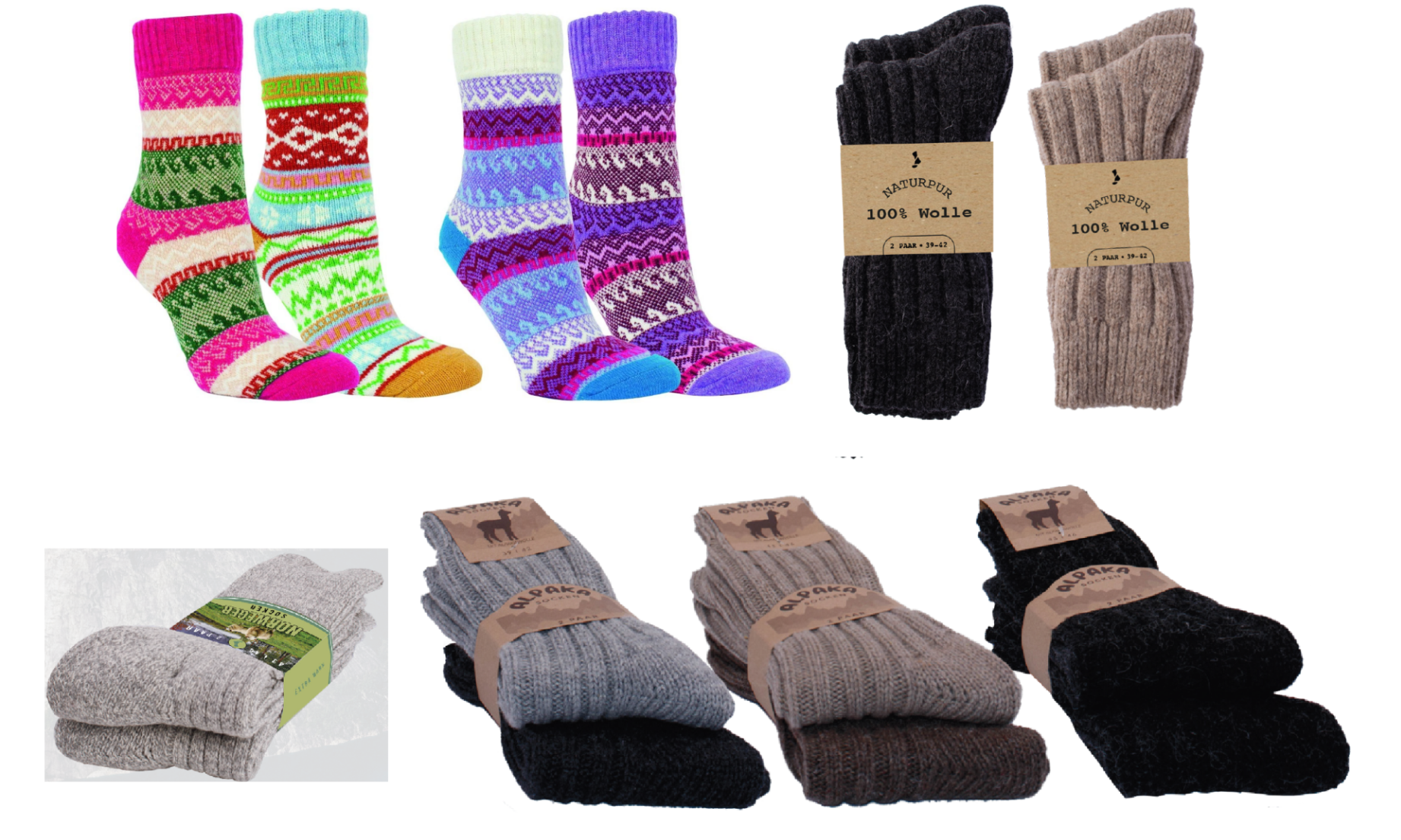 Schafwollsocken, Alpaka Socken und Norweger Socken für Damen und Herren in anthrazit, braun, beige, grau, pink, blau, natur, lila und schwarz