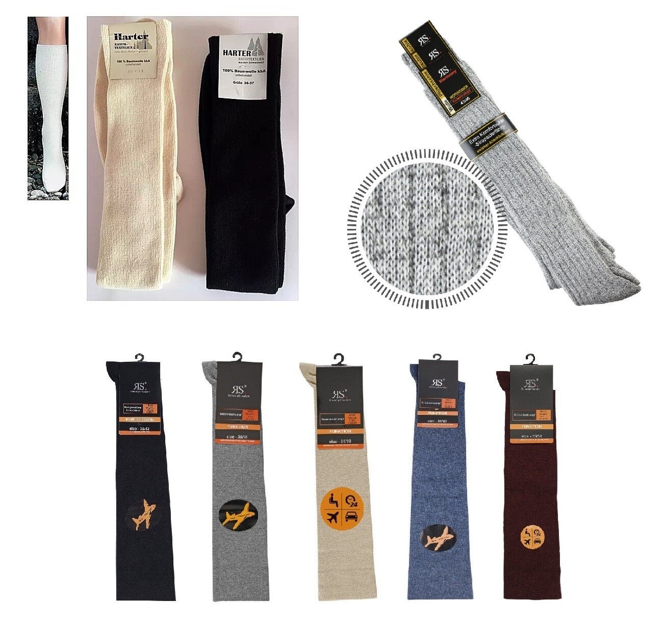 Bio-Kniestrümpfe 100% reine Baumwolle unbehandelt, Stütz- und Riesekniestrümpfe und Wollkniestrümpfe für Damen und Herren in naturweiß, schwarz, beige, bordo, grau, silber und jeans und Feinkniestrümpfe für Damen