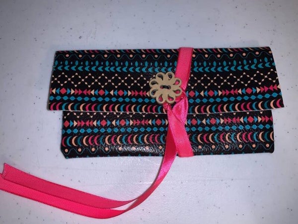 Small Ribbon Wrap Pouch, Dark Pink Ribbon with Flower Button