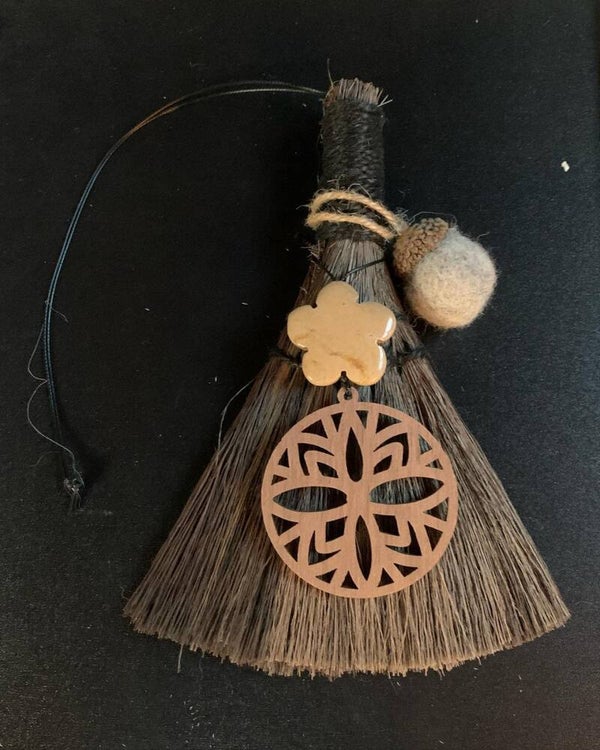 Small Broom with Wooden Flower, Flower Agate Stone and Felt Acorn