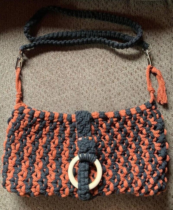 Macrame Crossbody Wide Tote Bag, Brick Red & Black
