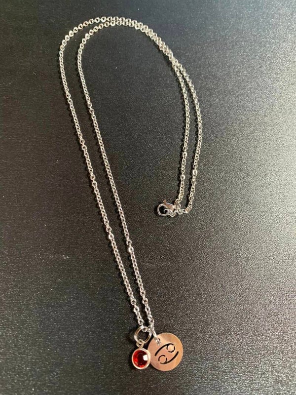 Zodiac Necklace: Cancer with Ruby Red charm, 18 inch stainless steel chain