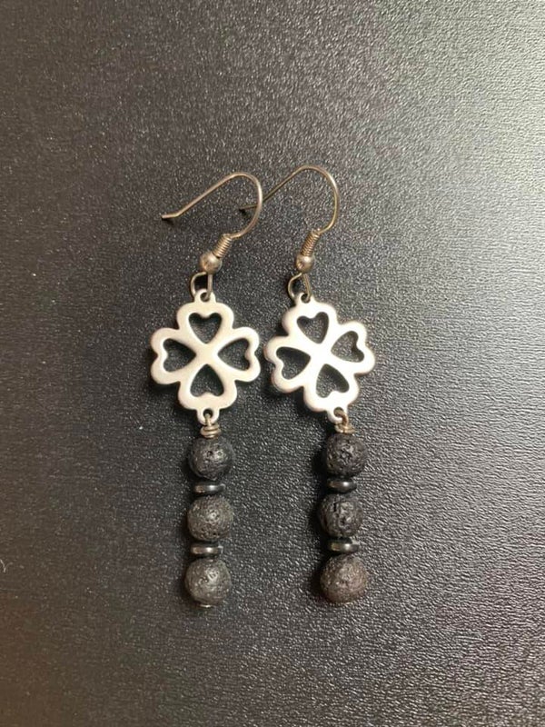 Lava Stone, Hematite & Stainless Steel 4 Leaf Clover Earrings