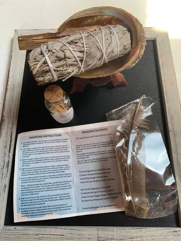 Smudge Kit 1: With Sage, Palo Santo, Matches, Abalone Shell with Stand & Feather